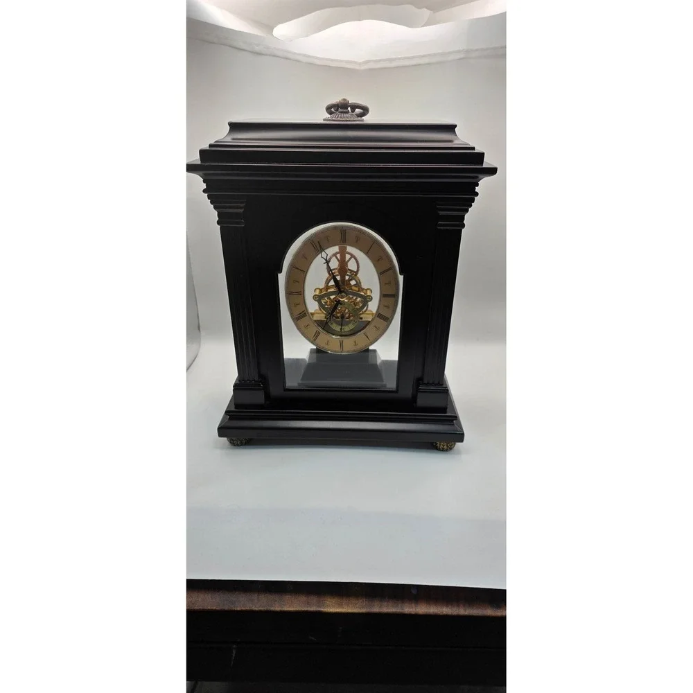 Bombay Company Skeleton Mantle Clock Dark Wood Glass Case Roman Numerals 2004